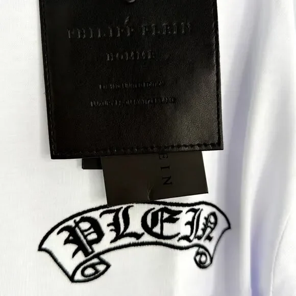 Philipp Plein Men's White Banner Embroidery Double Sleeve T-Shirt Size XXL